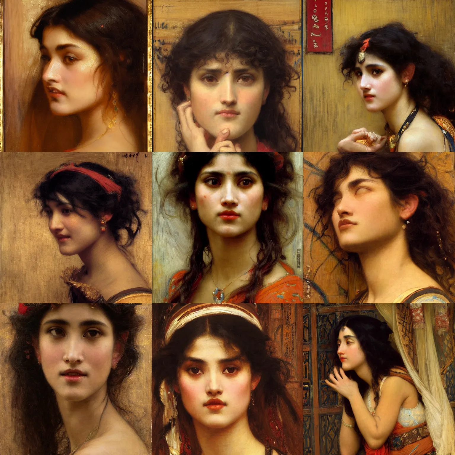 Prompt: orientalist painting of mouth open, bangs, curly black hair woman with brown skin portrait by john william waterhouse and Edwin Longsden Long and Theodore Ralli and gaston bussiere. Cinematic, hyper realism, dramatic lighting, high detail 8k