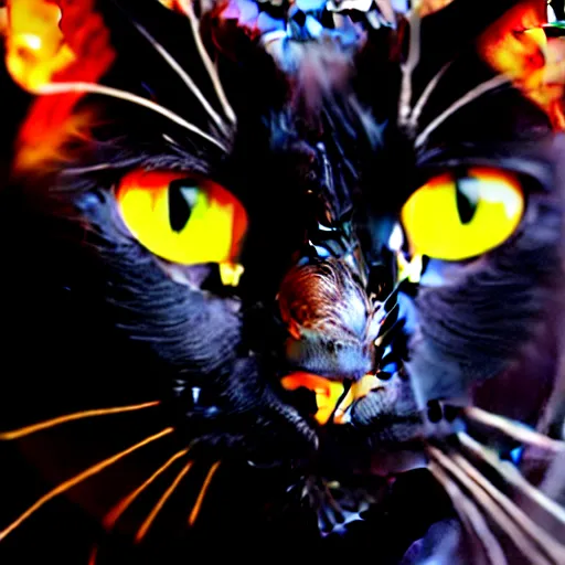 Image similar to a female black cat with red eyes and a gold crescent moon in her forehead