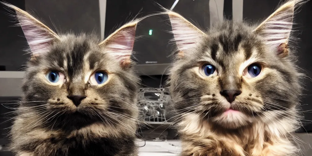 Image similar to a 3 d rendered movie still a of mainecoon robot kitten has become a cat scanning device. cyberpunk cat tree. science fiction blockbuster movie from the future, imax 7 0 mm. style of mandalorian ( american space western television series )