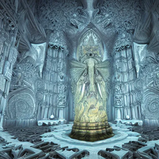 Image similar to a hyperrealistic 3 d render of a huge sprawling fractal cathedral interior populated by mandelbrot fractals by android jones, unreal engine, carved stone, carved soap, white color scheme, volumetric lighting, octane render, dramatic lighting, glowing, carved marble, opalescent, sacred geometry, religious, angelic, catholicpunk, stark, 8 k, ultra detailed