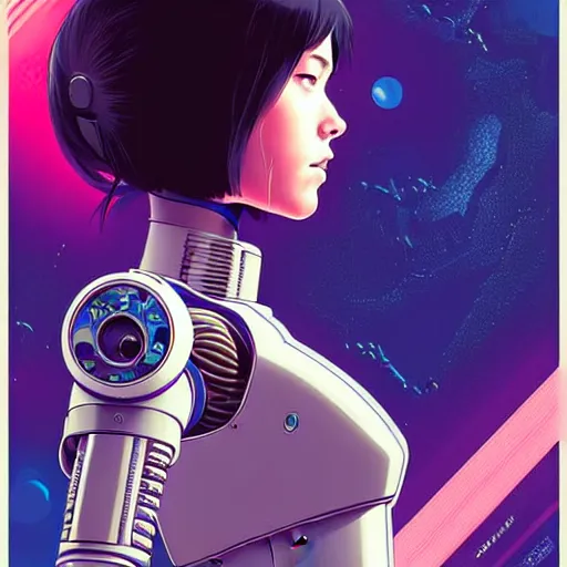 Image similar to side portrait scifi cyborg girl with robotic parts and spacesuit | | head only in center of image, audrey plaza, fine detail!! anime!! realistic shaded lighting!! poster by ilya kuvshinov katsuhiro otomo ghost - in - the - shell, magali villeneuve, artgerm, jeremy lipkin and michael garmash and rob rey