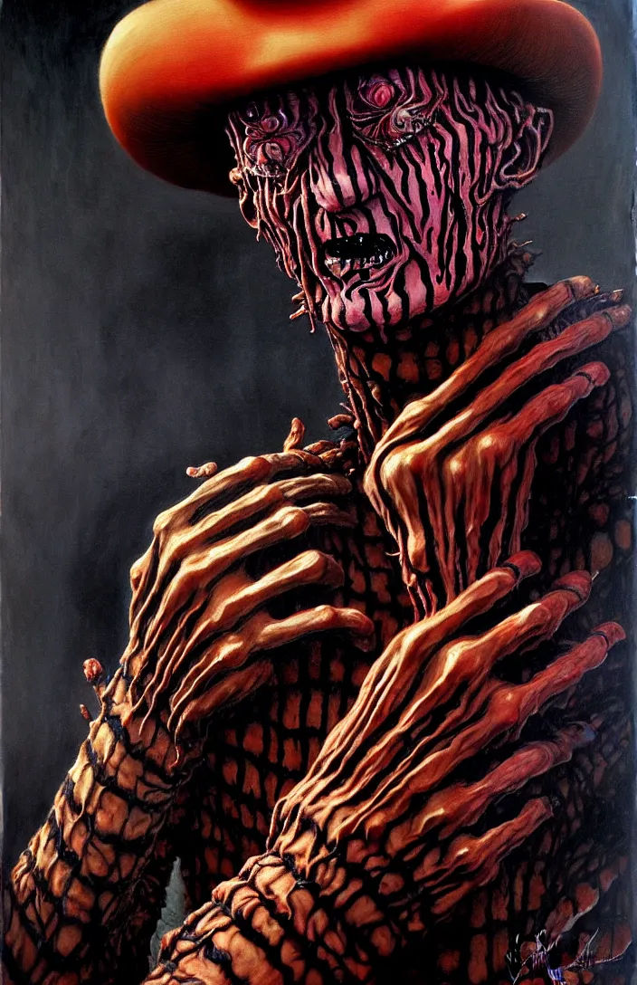 Image similar to freddy krueger in the style of wayne barlowe, gustav moreau, goward, bussiere, roberto ferri, santiago caruso, luis ricardo falero, dali