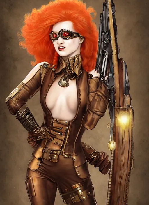 Prompt: 8K, realistic ginger Lady Mechanika as a Marvel comic book character holding a shotgun and wearing victorian goggles in a ultradetailed Steampunk scenary, 8k render, zbrush, D&D style, smooth, sharp focus, illustration. Art by Artgerm and Pete Tapang and Kago Shintaro. Trending on artstation, featured in Deviantart, detailed, intricate, cinematic lighting,