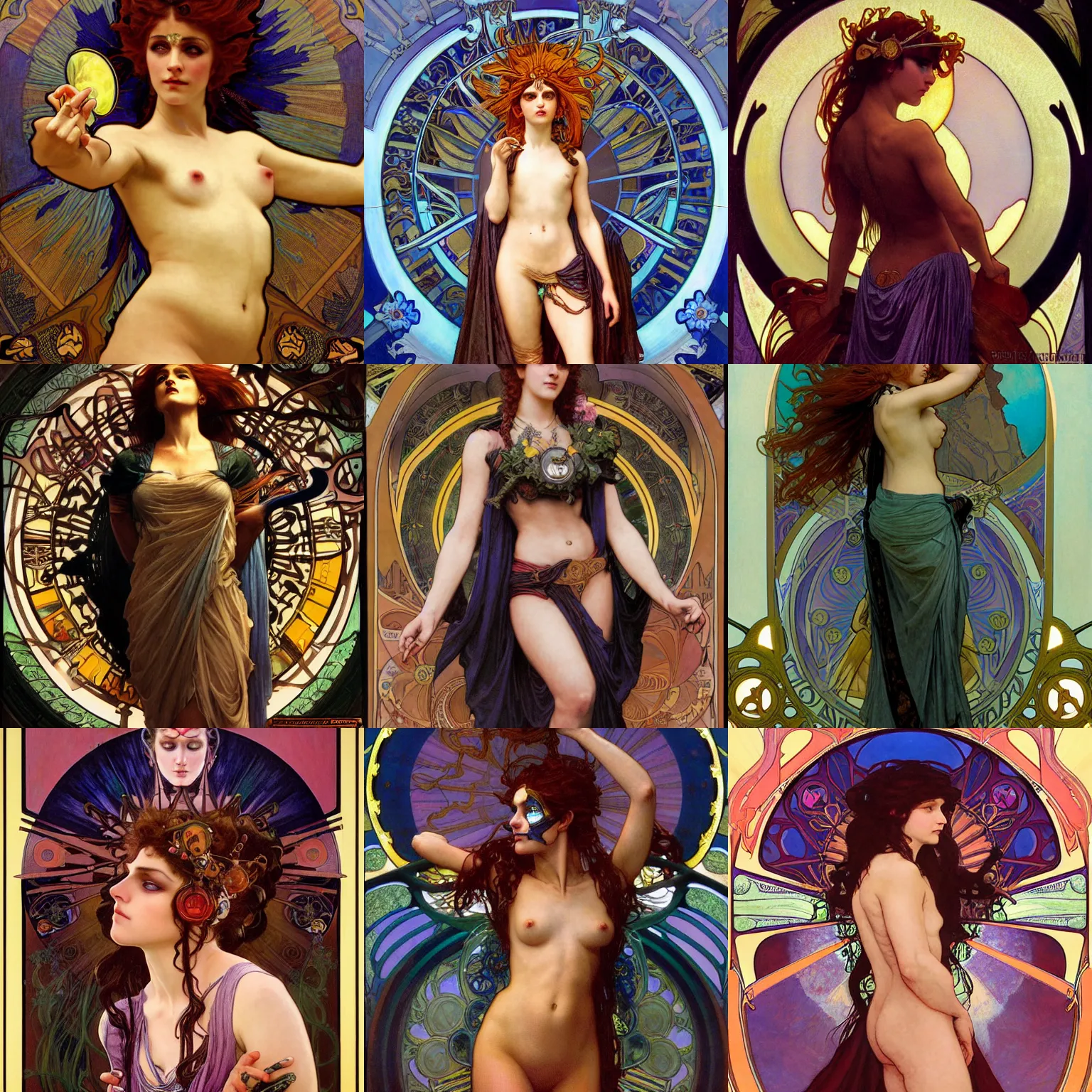 Prompt: stunning, breathtaking, awe-inspiring award-winning concept art nouveau painting of attractive punk as the goddess of the sun, with anxious, piercing eyes, by Alphonse Mucha, Michael Whelan, William Adolphe Bouguereau, John Williams Waterhouse, and Donato Giancola, cyberpunk, extremely moody lighting, glowing light and shadow, atmospheric, cinematic, 8K