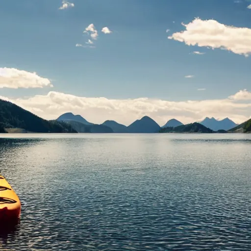 Image similar to a beautiful image of a breathtaking lake with amazing mountains in the background, there is a kayak in the foreground on the beach. landscape image