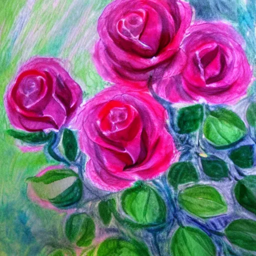 Image similar to painting of pink roses in monet style, Water color