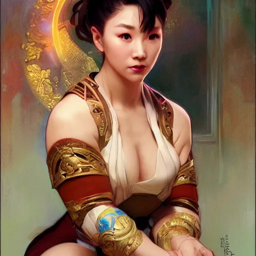 Prompt: portrait of chun - li, sensual, art by artgerm and greg rutkowski and alphonse mucha