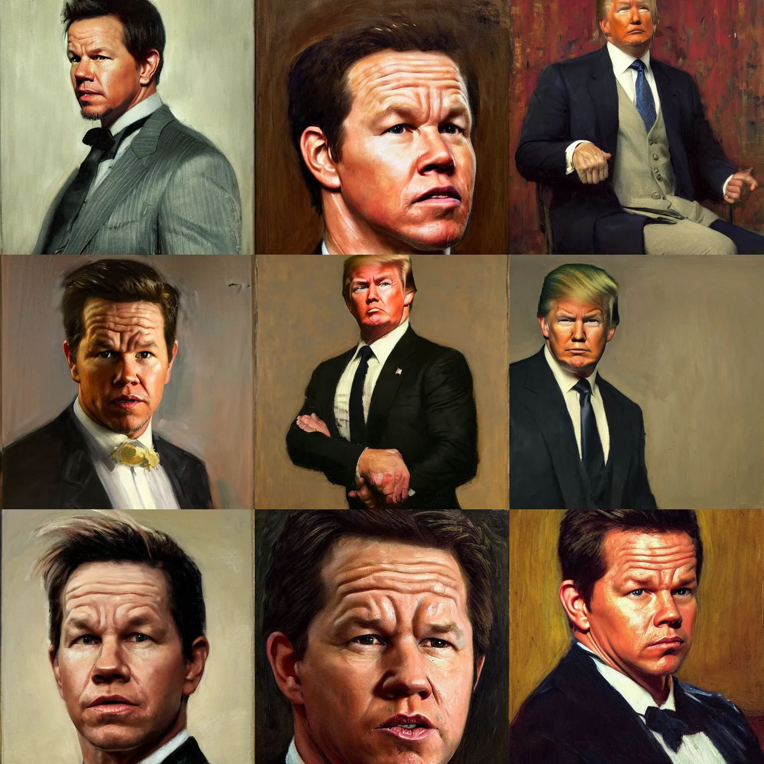 Prompt: portrait of mark wahlberg as donald trump, oil on canvas by thomas eakins ( 1 9 0 2 ), trending on artstation