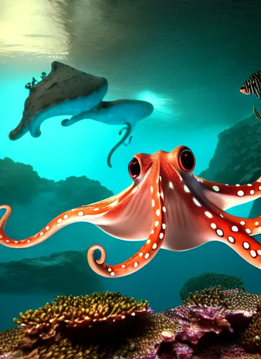 Prompt: realistic detailed image of a white-spotted octopus pointing to three dudes snorkeling at night, cinematic, hyper realism, high detail, octane render, unreal engine, 8k, extremely detailed, 8k.