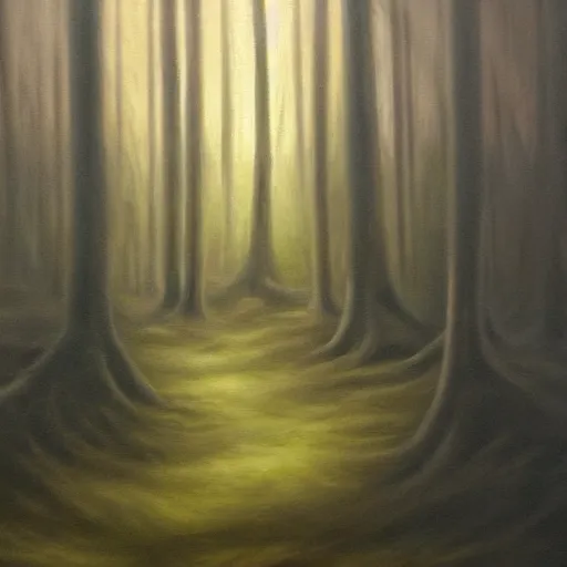 Prompt: haunted forest, eerie, glowing, shadowy, oil painting high detail