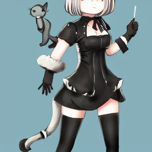 Prompt: full body portrait of 2B nier automata wearing a cat maid suit by Thomas romain, trending on artstation, artstationHD, artstationHQ