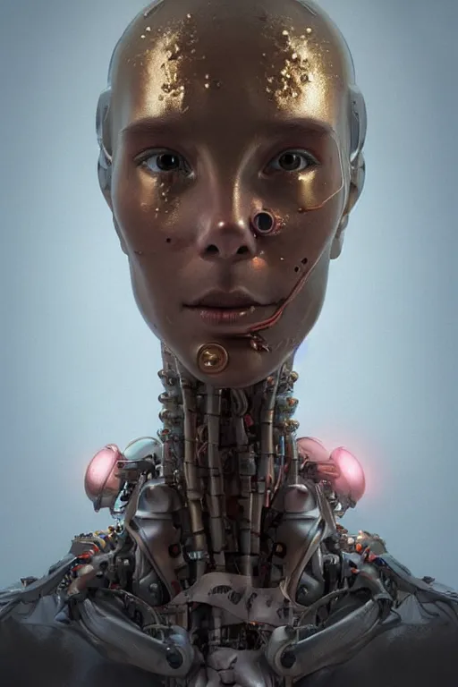 Prompt: beautiful portrait of a teen robot making funny face, dystopian, biopunk, skin details, digital painting, sculpted in zbrush, artstation, concept art, smooth, sharp focus, illustration, chiaroscuro, soft lighting, golden ratio, rule of thirds, fibonacci, art by Audubon, incredible art by Stanley Artgerm Lau and Greg Rutkowski, composition by mike mignola and Simon Stalenhag,