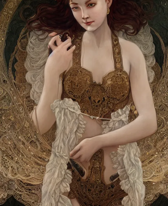 Image similar to the moon goddess, intricate and detailed lace set, suspenders, honey birdette, realistic renaissance portrait, highly detailed, digital painting, artstation, concept art, smooth, sharp focus, cinematic lighting, art by john collier, artgerm and greg rutkowski and alphonse mucha and jacques louis david