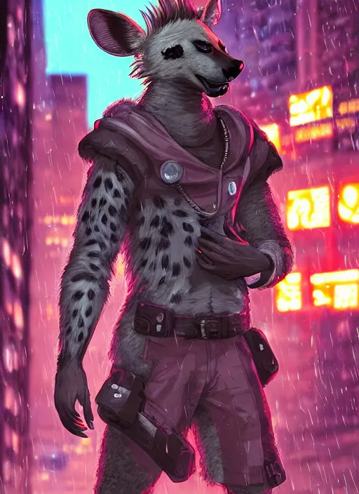 Image similar to character portrait of a male anthro hyena fursona with a tail and a cute beautiful attractive detailed furry face wearing stylish cyberpunk clothes in a cyberpunk city at night while it rains. hidari, color page, tankoban, 4K, tone mapping, Akihiko Yoshida. Nomax, Kenket, Rukis. comic book style, photorealistic, professional lighting, hyperdetailed, high resolution, high quality, dramatic, deviantart, artstation, 4k, real photo