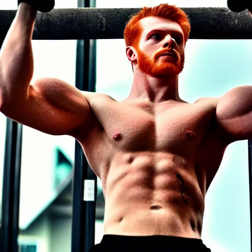 Prompt: 8 k insanely detailed high quality selfie photo of a ginger handsome gym bro doing pullups at the gym, beautiful sexy handsome symmetrical face