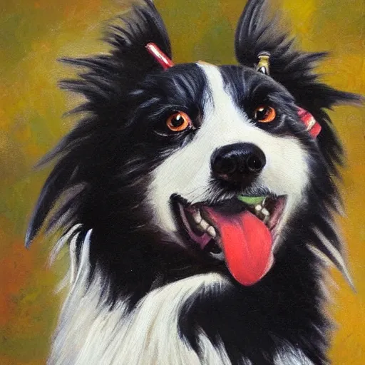 Image similar to a border collie in a pirate costume, oil painting