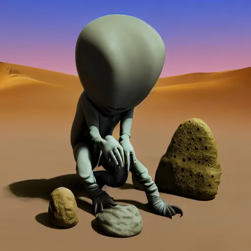 Image similar to a sad Roswell grey alien trying to repair his crashed burning spacecraft in the desert, crashed UFO, crashed Flying Saucer, cactus and rocks in the background, dusk, featured on zbrush central, hurufiyya, zbrush, polycount, airbrush art