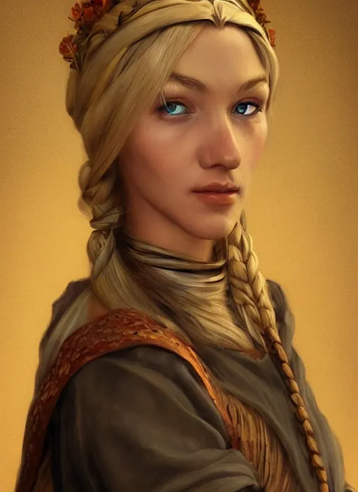 Image similar to blonde peasant woman, fantasy, medieval, vivid colors, fantasy, elegant, concept art, sharp focus, beautiful face!!, digital art, hyper - realistic, 4 k, unreal engine, highly detailed, hd, dramatic lighting by brom, trending on artstation