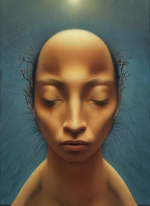 Image similar to dramatic portrait painting of woman with black mandelbrot fractal instead of face, in style of zdzisław beksinski,