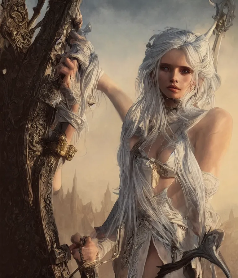 Prompt: Abbey Lee as Ciri in The Witcher 3, intricate, elegant, highly detailed, digital painting, artstation, concept art, smooth, sharp focus, illustration, art by artgerm and greg rutkowski and alphonse mucha,