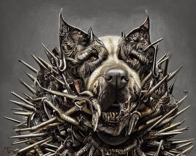 Image similar to Haunting horrifying hyperrealistic detailed painting of a dog canine creature sitting atop a giant throne of spikes, heavy metal, disgusting, creepy, unsettling, in the style of hyper detailed, trending on Artstation