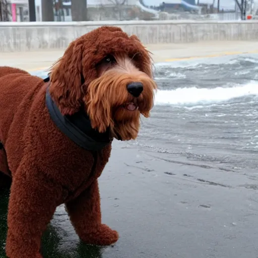 Prompt: Labradoodle in a raincoat reporting with news crew reporting live from a tsunami