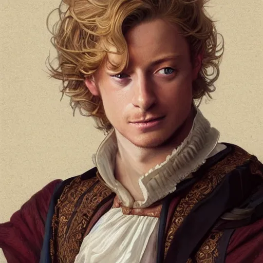 Prompt: a young man wearing 16th century clothes, blonde, young simon baker, fantasy, portrait, highly detailed, digital painting, artstation, concept art, sharp focus, illustration, art by artgerm and greg rutkowski and alphonse mucha