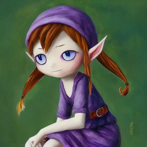 Image similar to little elf tomboy, purple tunic, soft hair. light color palate, detailed soft painting, made in abyss art style, anatomically correct, inspired in balthus