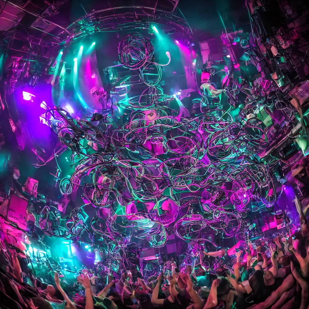 Image similar to award winning photo of an octopus! as a dj with tentacles! simultaneously placed turntables cdjs and knobs of a pioneer dj mixer. sharp, blue and fuschia colorful lighting, in front of a large crowd, studio, medium format, 8 k detail, volumetric lighting, wide angle, at an outdoor psytrance festival main stage at night