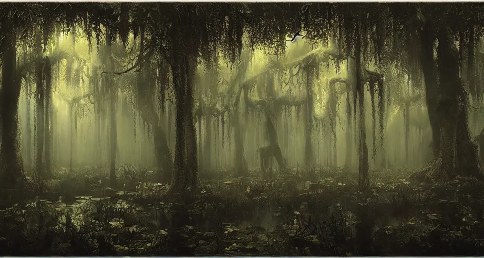 Image similar to A dense and dark enchanted forest with a swamp, by André François