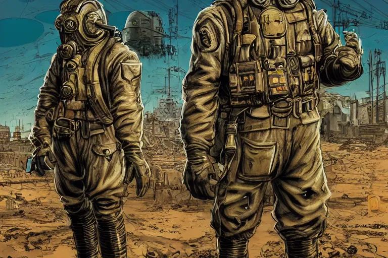 Prompt: comic book art by Dave Gibbons, 8K UHD: ( background = gasolinepunk city+ background detail = gasolinepunk architecture, high detailed, large depth of field) + (subject= dieselpunk WW1 soilder + subject detail= gas mask, dirty armored suit , muddy, cool pose, accurate body features, high level body suit, high detailed light refraction , high level texture render)