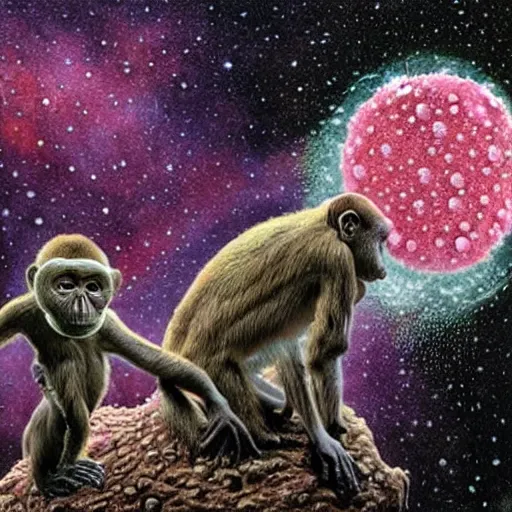 Image similar to measles on a deformed hideous pustule covered monkey, sores, bumps, skin wounds, surface hives, growths, horror, fantasy, highly detailed, by Dan Hillier, ooze, slime, in background nebula of bacteriophages