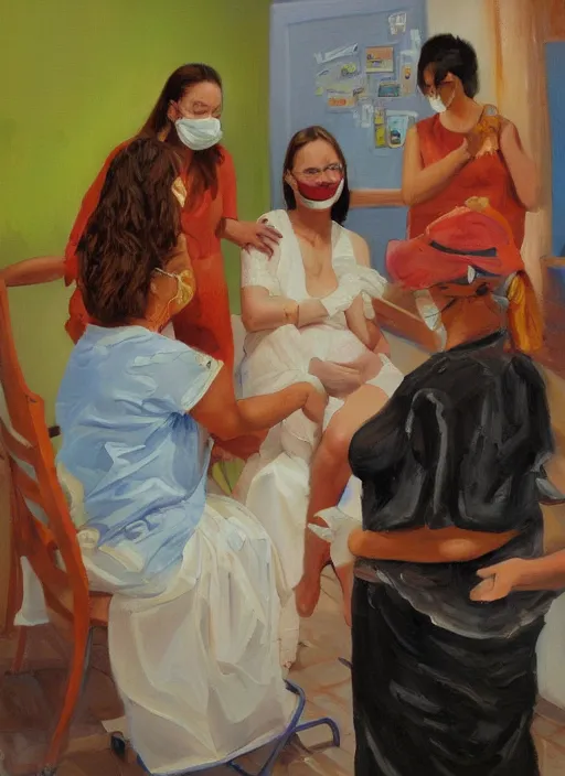 Prompt: oil painting of women getting vaccinated, high details, art by axion