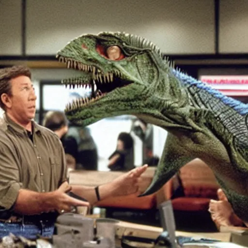 Image similar to tim allen working at wendy ’ s with a bunch of cyborg dinosaurs