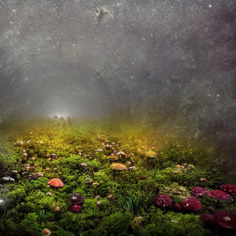 Image similar to a planet of various fungus, mushrooms, flowers and plants, inside the picture is infinity, Atmospheric, artistic photography, conceptual, long exposure outside the city, volumetric light