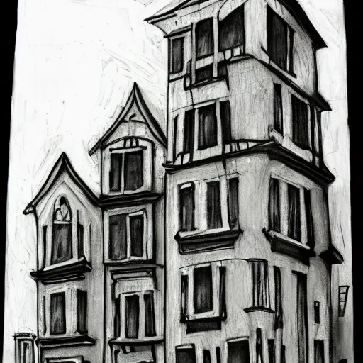 Image similar to Slanted building nightmare art, gothic style, charcoal, rough strokes,