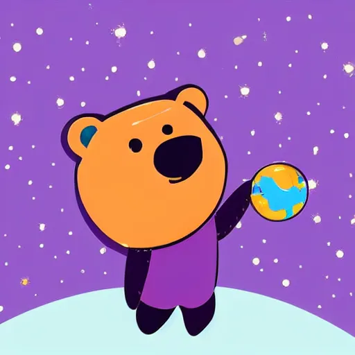 Image similar to cartoon animated illustration of a bear mascot being launched from a futuristic marble planet, purple and orange cloudland