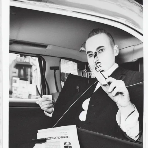 Image similar to a cat in a suit in back of taxi reading a newspaper, black and white, canon camera,