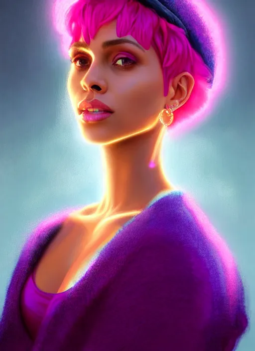 Image similar to portrait of vanessa morgan with bright pink hair, curly pixie cut hair, wearing a purple breton cap, breton cap, hoop earrings, intricate, elegant, glowing lights, highly detailed, digital painting, artstation, concept art, smooth, sharp focus, illustration, art by wlop, mars ravelo and greg rutkowski