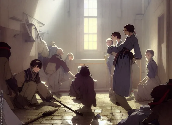 Image similar to 1 8 5 4 crimea, florence nightingale, army hospital in scutari, overcrowded, filthy, blocked drains, broken toilets, rats, wounded soldiers, sleep dirty floor, no blankets, finely detailed perfect art, gapmoe yandere grimdark, trending on pixiv fanbox, painted by greg rutkowski makoto shinkai takashi takeuchi studio ghibli