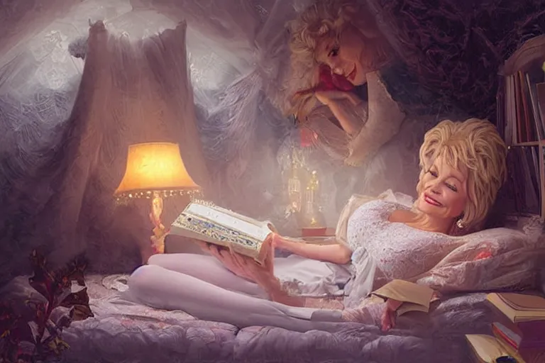 Image similar to portrait of dolly parton reading a bedtime story in bed, an oil painting by ross tran and thomas kincade