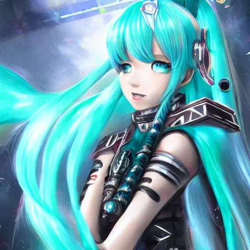 Prompt: Hatsune Miku in warhammer 40k portrait, epic. 4k resolution, extremely detailed, very sharp, artstation, digital art, vibrant - C 10