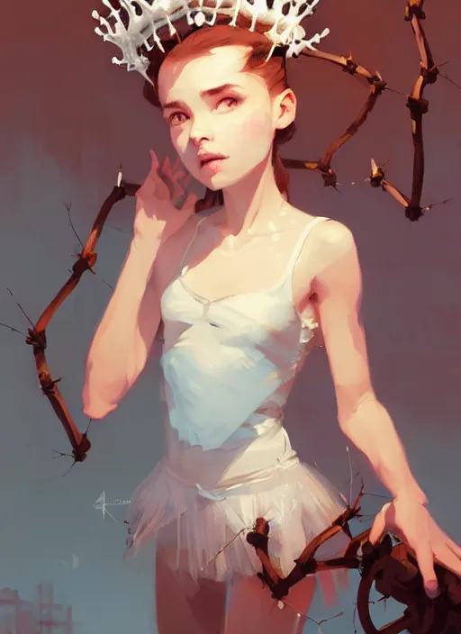 Prompt: portrait of cute ballerina girl with crown of thorns and white short hairs, warhammer, cyberpunk, by atey ghailan, by greg rutkowski, by greg tocchini, by james gilleard, by joe gb fenton, by kaethe butcher, dynamic lighting, gradient light blue, brown, blonde cream and white color in scheme, grunge aesthetic