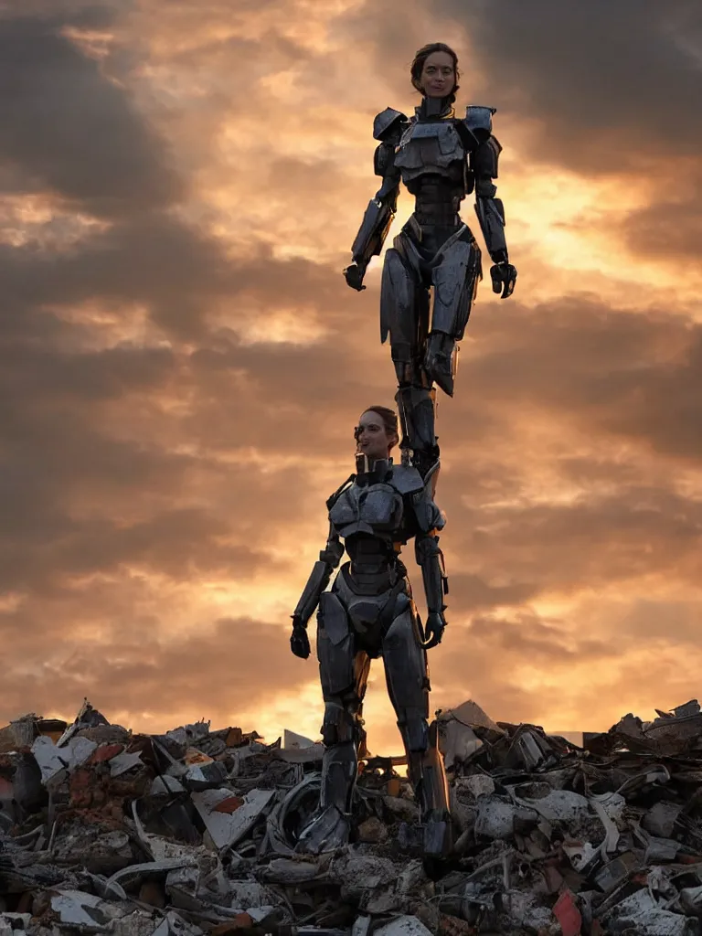 Image similar to emily blunt in futuristic power armor, solitary figure standing atop a pile of rubble, sunset and big clouds behind her