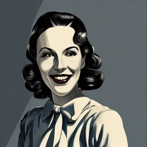 Image similar to smiling, happy, beautiful, intelligent, powerful ww 2 housewife, 2 9 years old, loving eyes, fully clothed, wise, beautiful, dramatic lighting, sharp focus, by stanley artgerm, dramatic lighting, trending on artstation, flat colour, geometric curves, gradient filter, art deco patterns