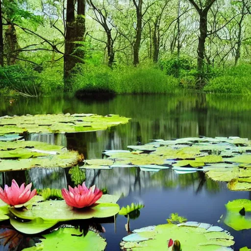 Prompt: a pond with water lillies in the forest, photorealistic,