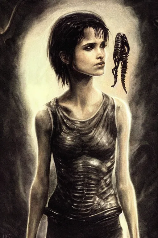 Image similar to beautiful young winona ryder from alien with xenomorph by h.r. giger, detailed, proportional, trending on art station, 4k