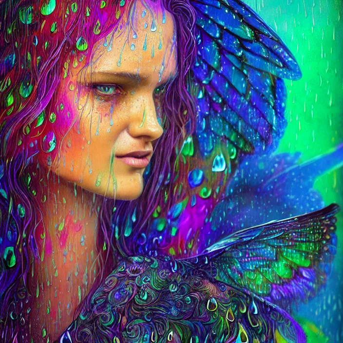 Image similar to bright psychedelic portrait with rain on face and wet hair, wings, smiling, diffuse lighting, fantasy, intricate, elegant, highly detailed, lifelike, photorealistic, digital painting, artstation, illustration, concept art, smooth, sharp focus, art by John Collier and Albert Aublet and Krenz Cushart and Artem Demura and Alphonse Mucha