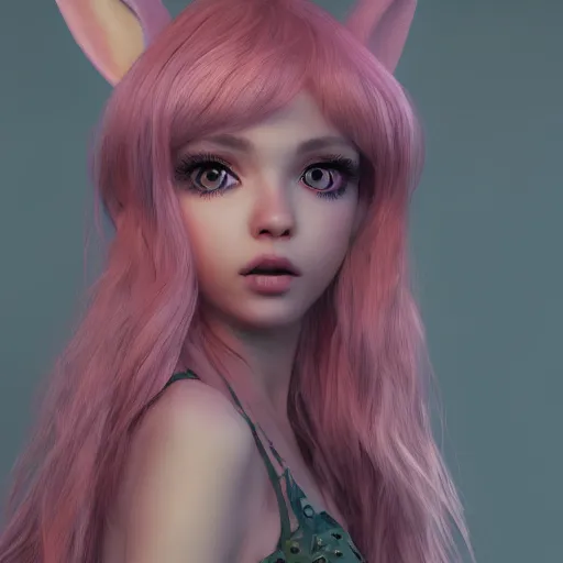 Image similar to ultrarealistic sweet bunny girl, intricate details, green eyes, 8K, long hair, fluffy, pink, lollipop, high octane render