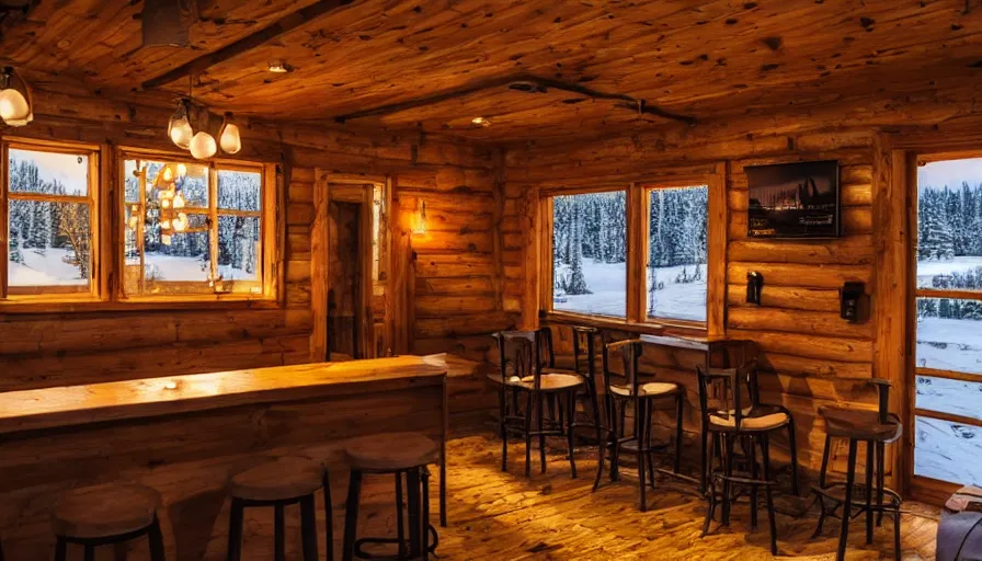 Image similar to empty cozy bar in small cabin, warm, outside winter landscape